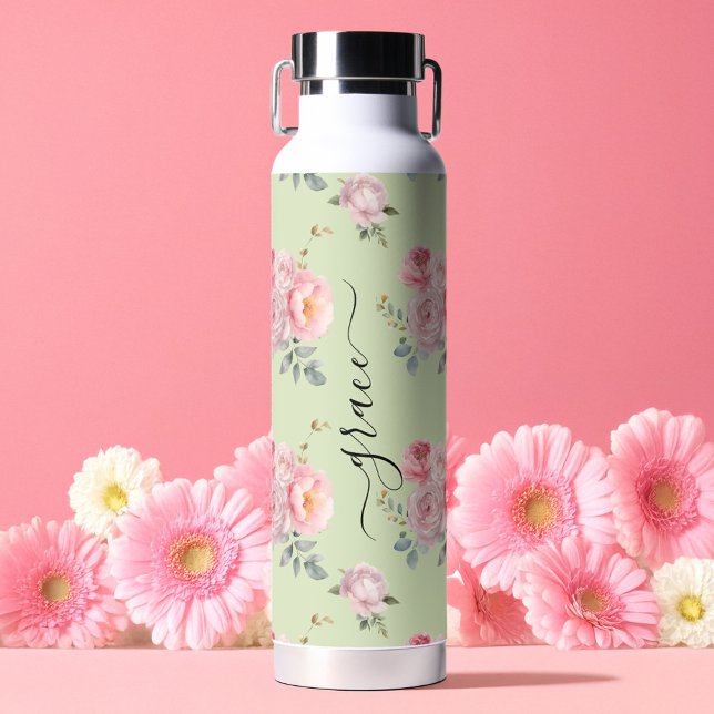 Grün rot Rosa Niedlich Giro Boho Floral Trinkflasche (Sage Green Blush Pink Cute Girly Boho Floral Water Bottle)
