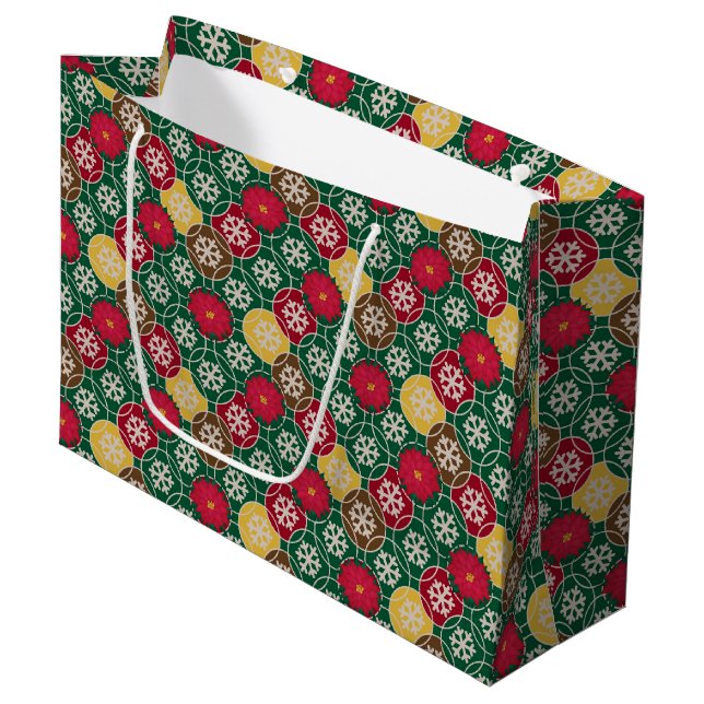 Grün, Rot, Schneeflocken - Große, glänzende Gesche Große Geschenktüte (Vorderseite Schrägansicht)