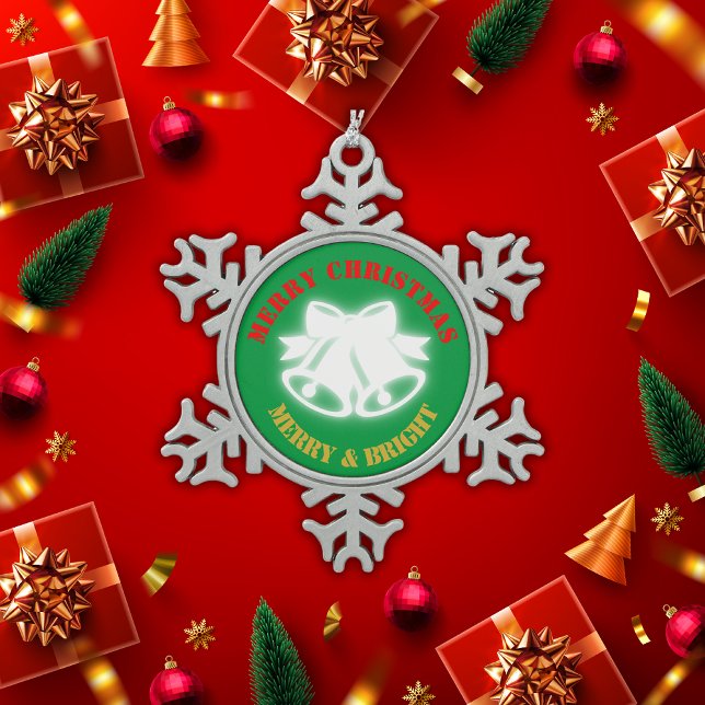 Grün, Rot und Gold Frohe Weihnachten | Schneeflocken Zinn-Ornament (Von Creator hochgeladen)