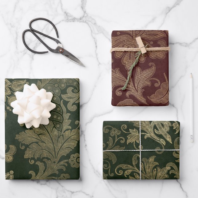 Grün, Rot und Gold Imitate Blumenweihe Weihnachten Geschenkpapier Set (Vorderseite)