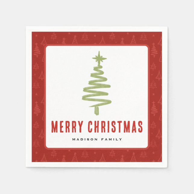 Grün & Rot Weihnachtsbaum Winter Familienurlaub Serviette (Vorderseite)