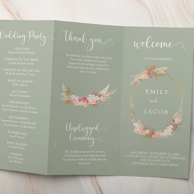 Grün Sage Tri-fold floral Hochzeitsprogramm Flyer (Von Creator hochgeladen)