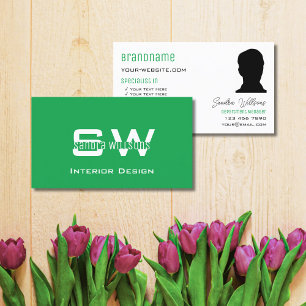 Grün Schlicht weiß mit Monogramm und Foto Visitenkarte