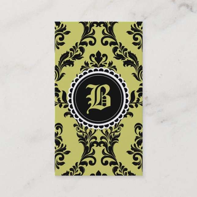Grün-Schwarz-Damast-Monogramm-Blume des Moos-311 Visitenkarte (Vorderseite)