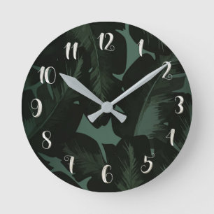 Grün & Schwarz Tropische Blätter Botanischer Chic Runde Wanduhr