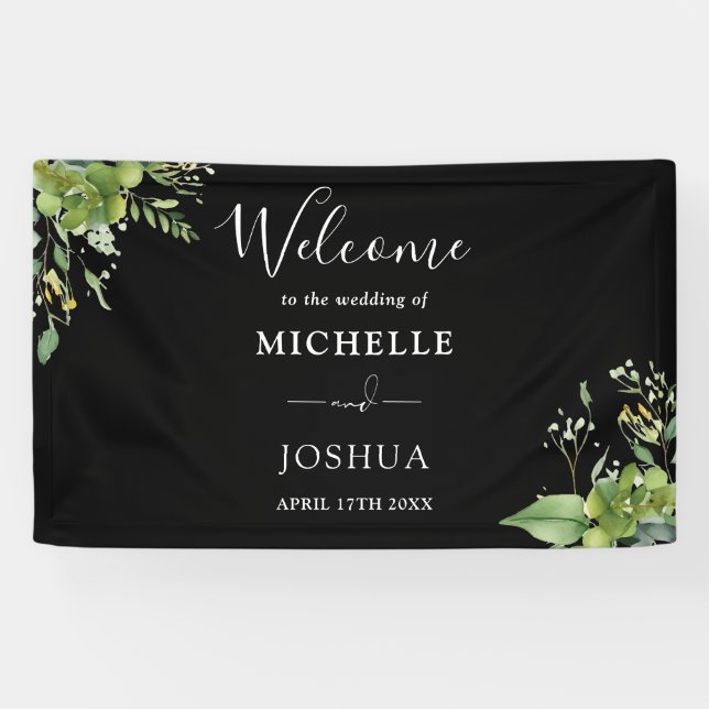 Grün-Schwarz-Weiß-Hochzeitsempfang Banner (Horizontal)