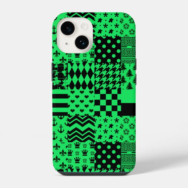Grün-schwarze gemischte Muster-Patchwork-Design  iPhone 14 Hülle (Rückseite)