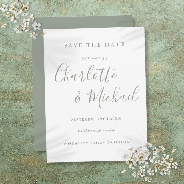 Grün Signature-Hochzeit speichern das Datum Postkarte (Sage Green Signature Wedding Save The Date Postcard)