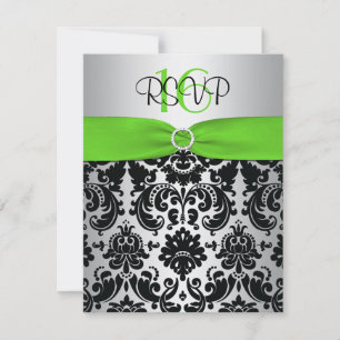 Grün, Silber, schwarzer Damast Sweet 16 RSVP Card Karte