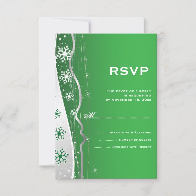 Grün, silbergrau Schneeflocken Winterhochzeit UAWG RSVP Karte (Vorderseite)