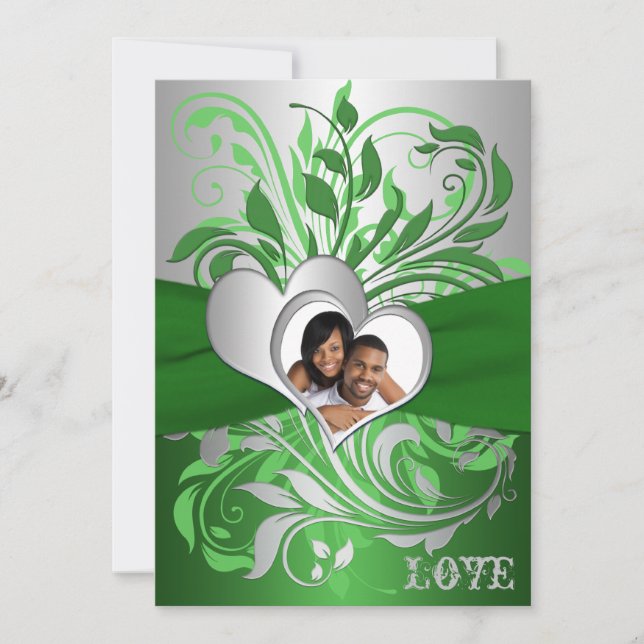 Grün, silberne Rollen, Herz-Foto-Hochzeit laden Einladung (Vorderseite)