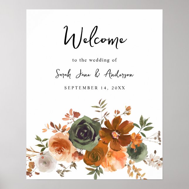 Grün & Terra Cotta Floral Willkommen Poster (Vorne)