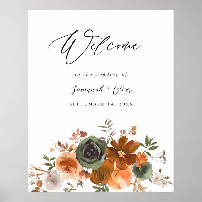 Grün & Terra Cotta Floral Willkommen Poster (Vorne)