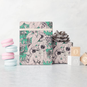 Grün Türkis Weiß Grafik Blumen Muster Geschenkpapier