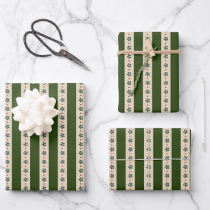 Grün und cremefarbene Streifen und Blumen Geschenkpapier Set