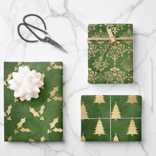 Grün und Gold Foil Winter Weihnachtsmuster Geschenkpapier Set (Vorderseite)