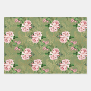 Grün und Gold mit rosa Rosen Geschenkpapier Set