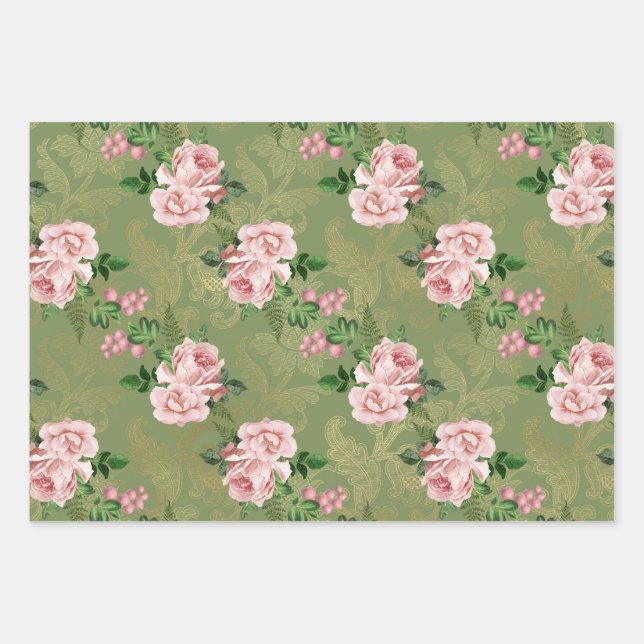 Grün und Gold mit rosa Rosen Geschenkpapier Set (Vorderseite)