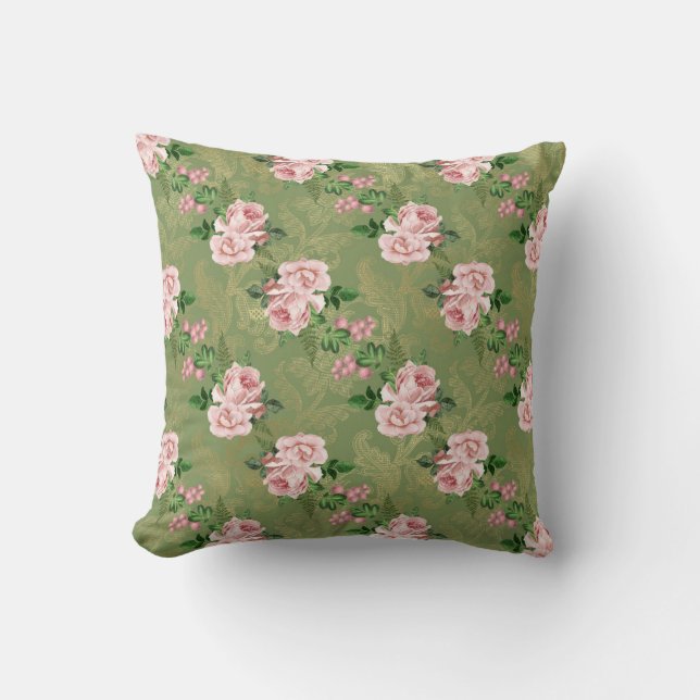 Grün und Gold mit rosa Rosen Kissen (Vorderseite)