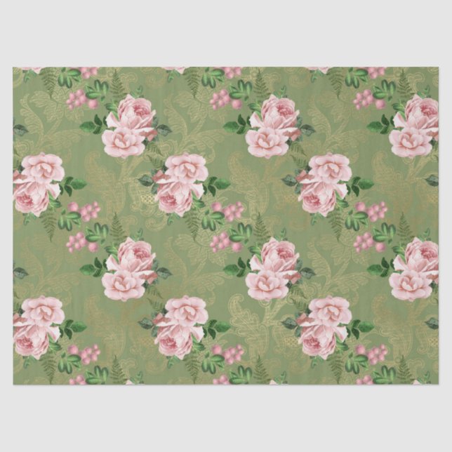 Grün und Gold mit rosafarbenen Rosen Seidenpapier (Vorderseite)