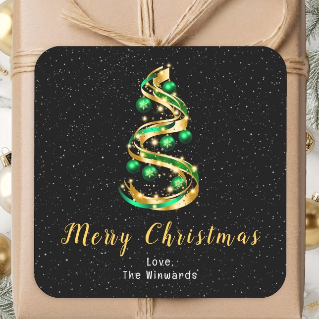 Grün und Gold Ornamente Frohe Weihnachten Quadratischer Aufkleber (Von Creator hochgeladen)