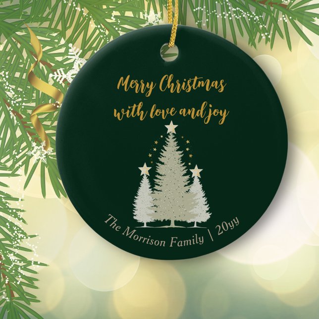 Grün und Gold Weihnachtsbaum und Sterne Keramik Ornament (Green and Gold Christmas Tree and Stars Ceramic Ornament)