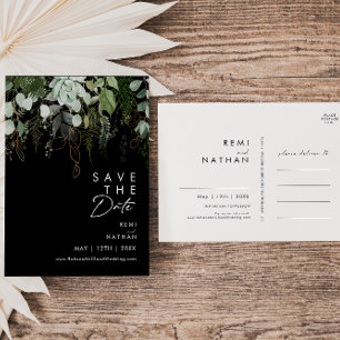 Grün und Goldblatt Schrift Schwarz Save The Date Einladungspostkarte