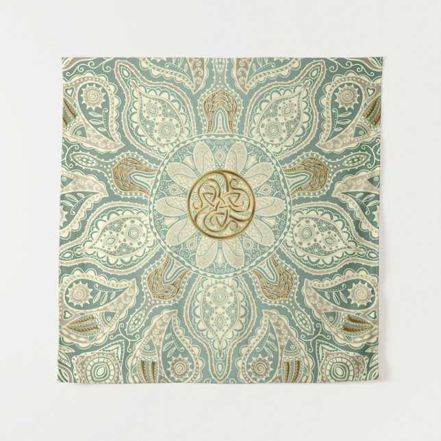 Grün und GoldCeltic Triskele Mandala-Tapisserie Wandteppich (Vorderseite)