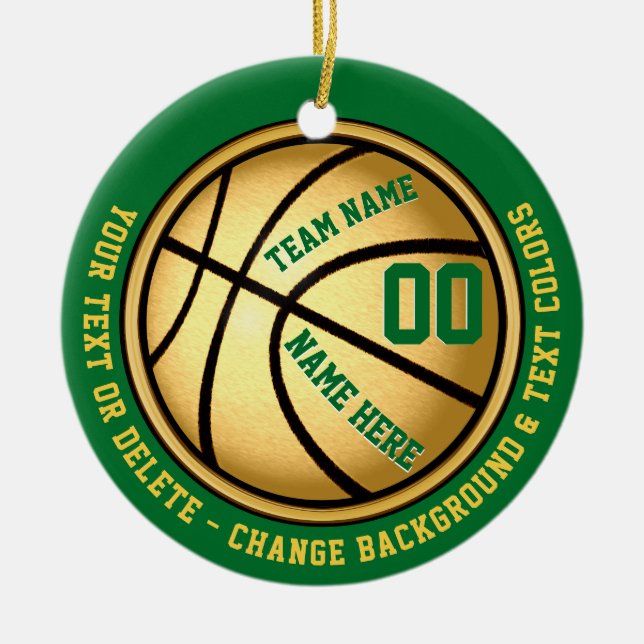Grün und Goldpersonalisierte Basketball-Verzierung Keramik Ornament (Vorne)