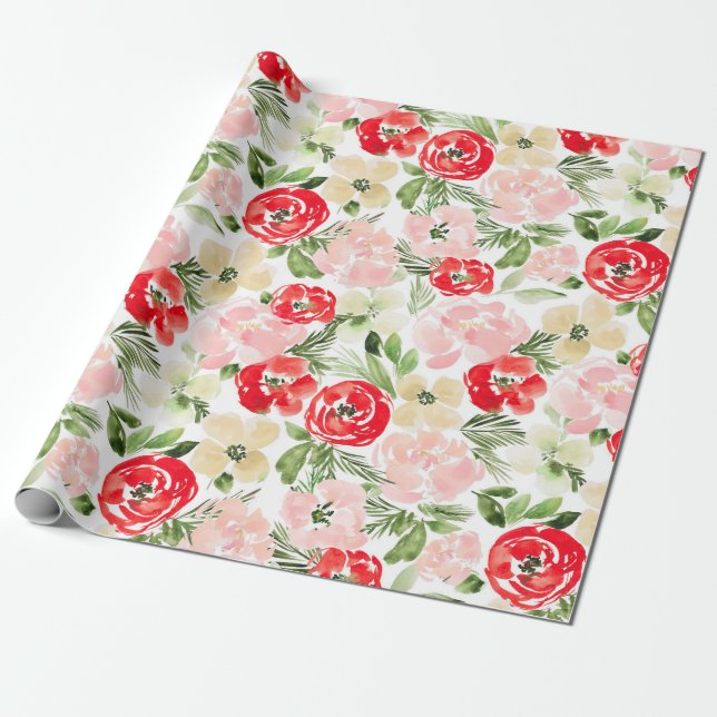 Grün und Grün Weihnachten Wasserfarben Blume Wrapp Geschenkpapier (Ungerollt)