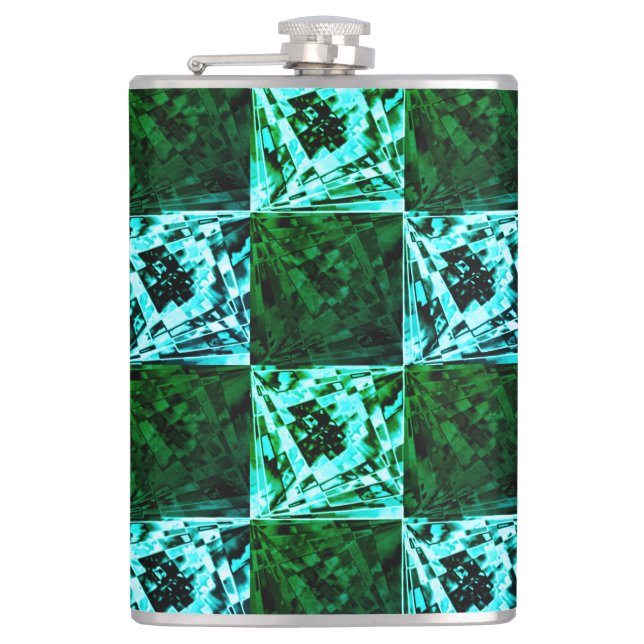 Grün und Himmelblau Schach oder Zyan mit Rechteck Flachmann (Vorderseite)