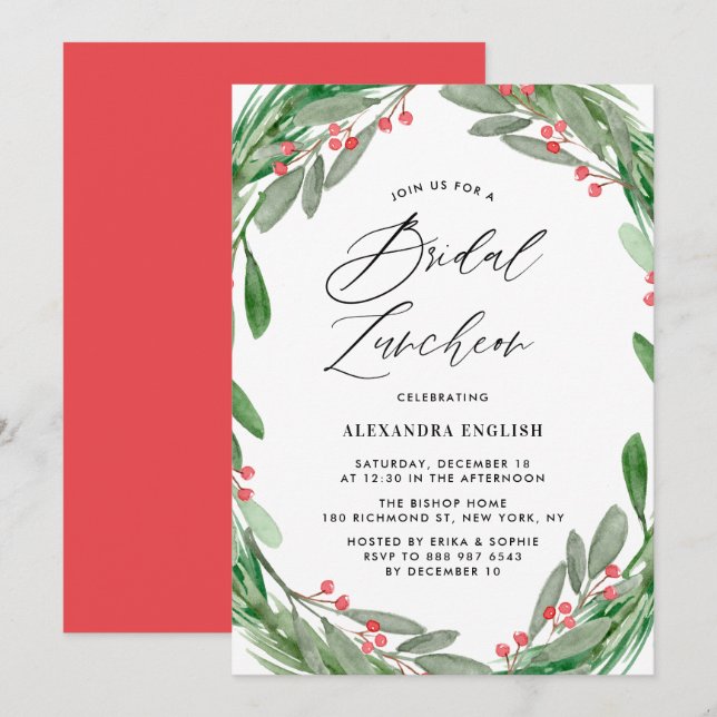 Grün und Holly Wreath Winter Bridal Luncheon Einladung (Vorne/Hinten)