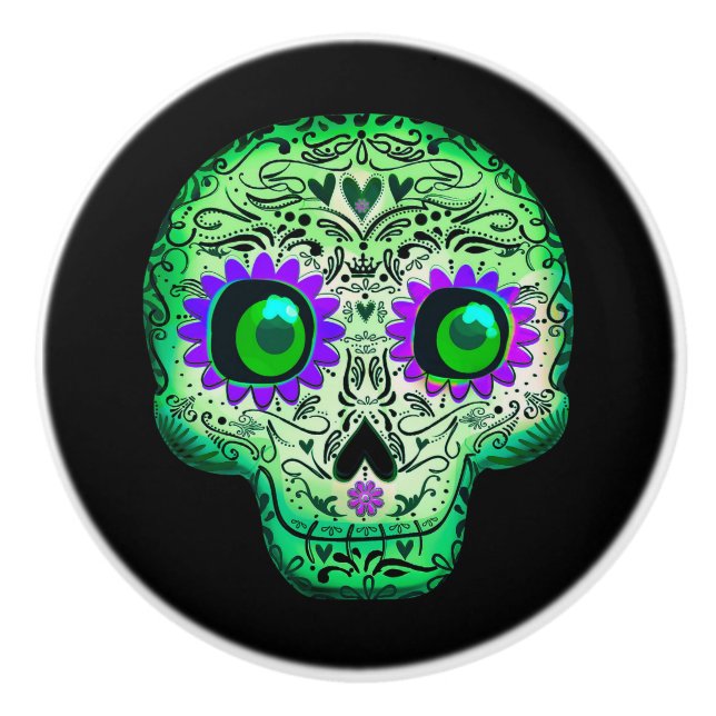Grün und Lila glühend Zuckerkulösser Halloween Keramikknauf (Vorderseite)