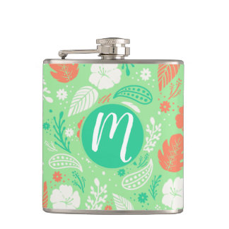 Grün- und Orangefarbenes tropisches Blattmuster Flachmann