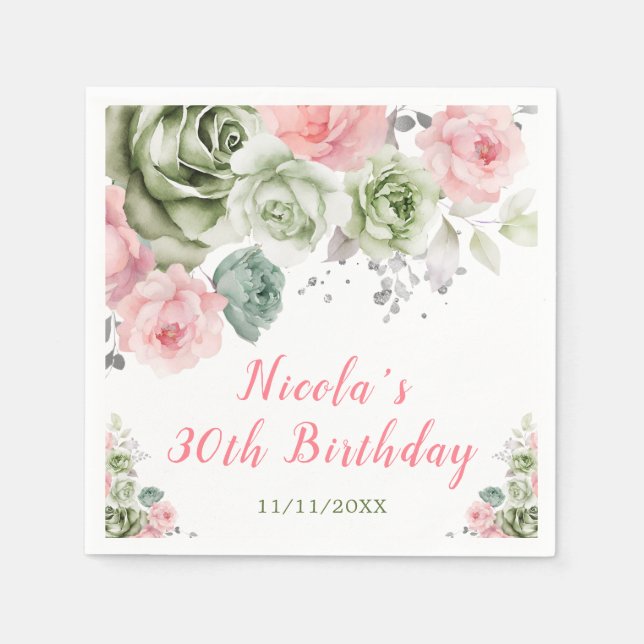 Grün und Rosa Blumenbäume Geburtstag Serviette (Vorderseite)