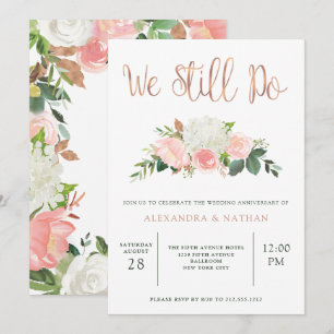 Grün und rosa Blüten   Hochzeitstag Einladung