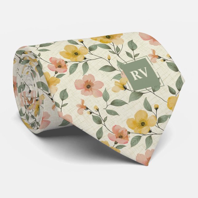 Grün und Rosa Floral Neck Tie Krawatte (Gerollt)