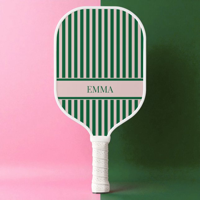 Grün und Rosa Stipes Moderner Personalisierter Nam Pickleball Schläger (Green and Pink Stipes Modern Personalized Name Pickleball Paddle)