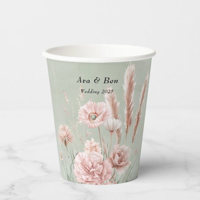 Grün und Rosa Wildblumen Hochzeit Pappbecher (Vorderseite)