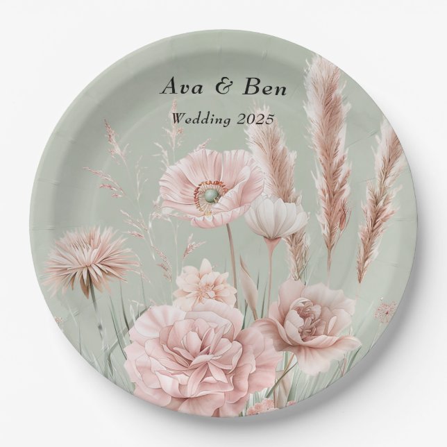 Grün und Rosa Wildblumen Hochzeit Pappteller (Vorderseite)