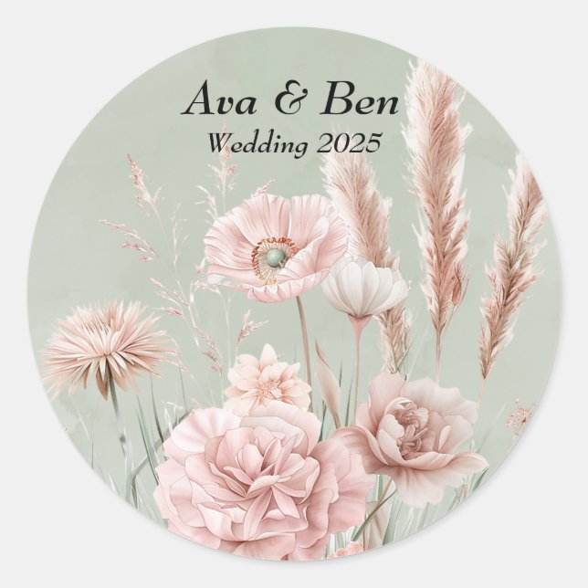 Grün und Rosa Wildblumen Hochzeit Runder Aufkleber (Vorderseite)