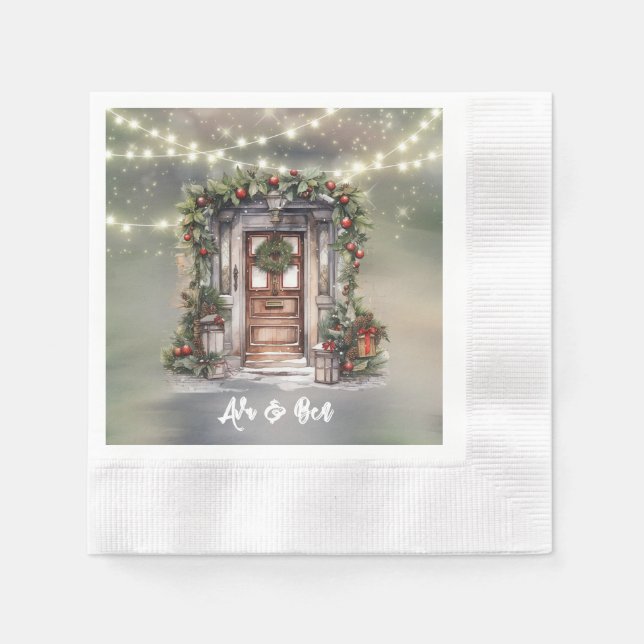 Grün und Rot Berry dekorierte Lichttür Weihnachten Serviette (Vorderseite)