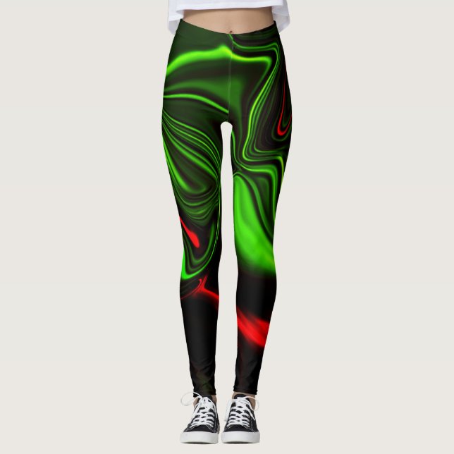 Grün und rot gekrümmte Linien über dunkelgrünem Fo Leggings (Vorderseite)