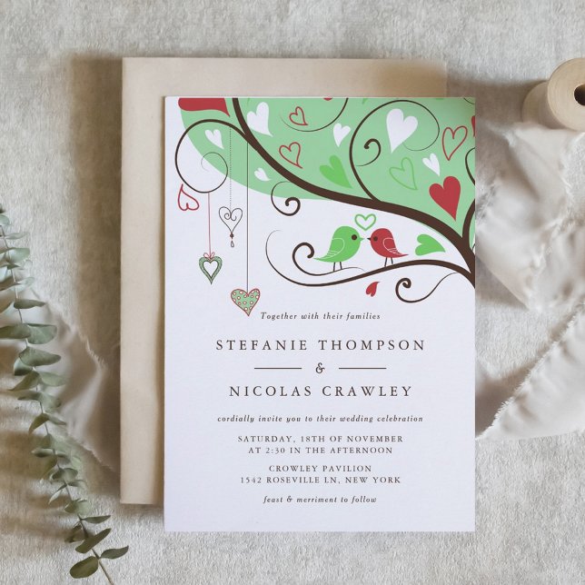 Grün und Rot-Whimsical-Lovebirds Hochzeiten Einladung (Green and Red Lovebirds Wedding Invitation)