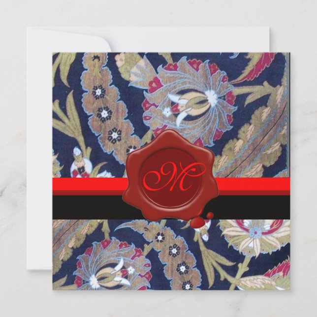 GRÜN UND SCHWARZ, BLAUER DAMASK, ROTES WAX SIEGEL  EINLADUNG (Vorderseite)
