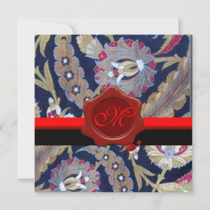 GRÜN UND SCHWARZ, BLAUER DAMASK, ROTES WAX SIEGEL EINLADUNG