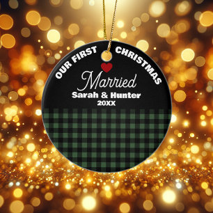 Grün und Schwarz Kariert Unser 1. Weihnachtsfest V Keramik Ornament