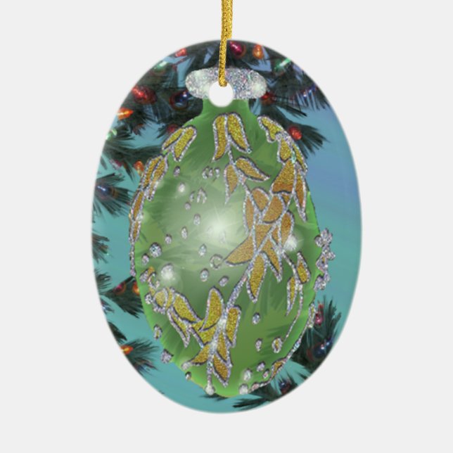 Grün und Silber-Glasbirne Keramik Ornament (Vorne)