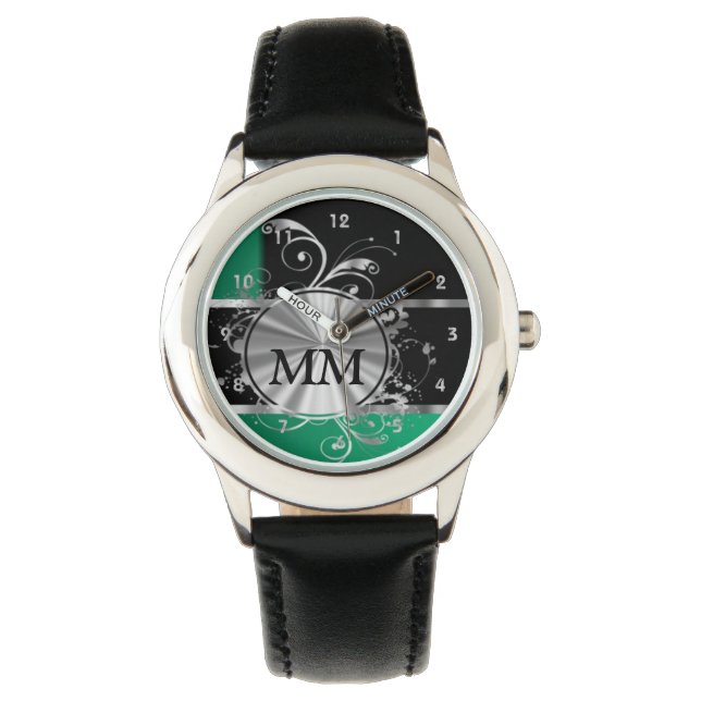 Grün und Silber-Monogramm in schwarz Armbanduhr (Vorderseite)