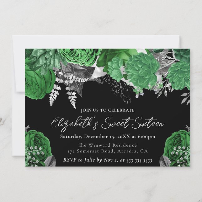 Grün und Silberne Rose 16 . Geburtstag Einladung (Vorderseite)